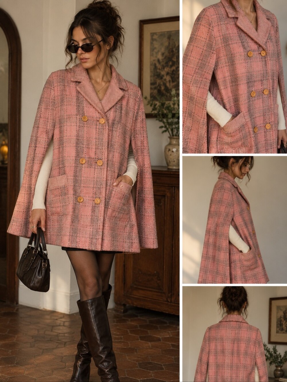 Netherlands Fashions Pink Plaid Cape Coat An Authentic Import Made in Holland